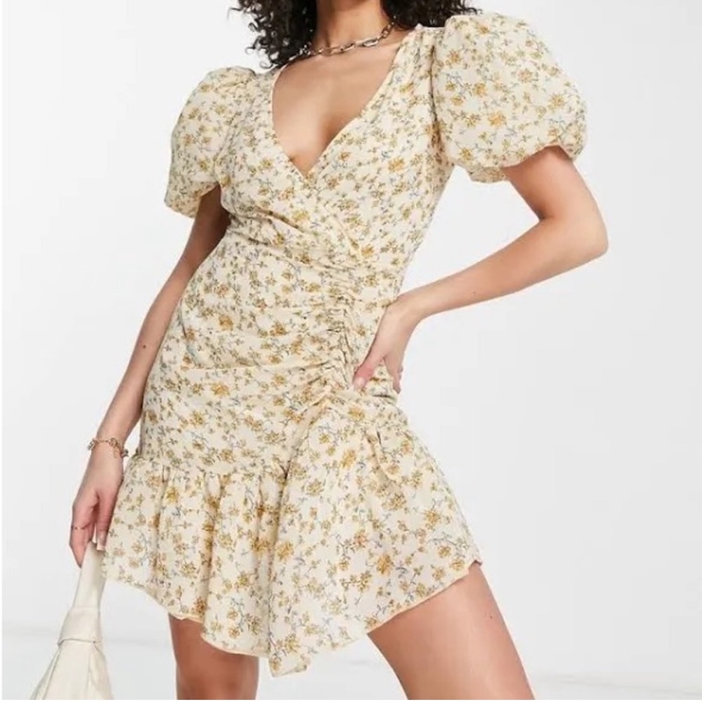 Cream Ditsy Floral Print Puff Sleeve Mini Dress